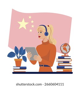 Vector illustration of a woman using a tablet with headphones on, surrounded by books and a globe. The Chinese flag is displayed in the background, symbolizing international learning.