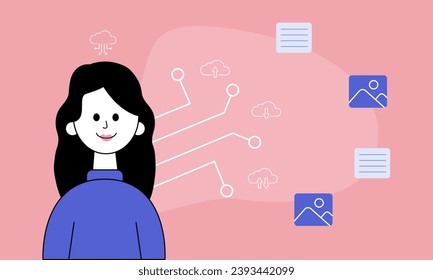 Vector illustration of woman using technology for cloud file organization, networking file sharing. Technology for business