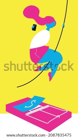 Vector illustration of a woman using a vine to avoid a cheese trap with money on it, representing the traps of consumerism