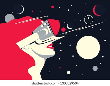 Vector illustration of a woman using virtual reality glasses. The planets and the stars next to her. The concept of modern technology and new experience.