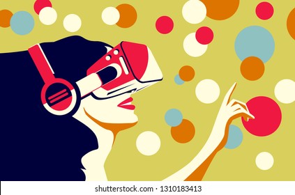 Vector illustration of a woman using virtual reality glasses. The concept of modern technology and new experience.