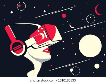 Vector illustration of a woman using virtual reality glasses. The planets and the stars next to her. The concept of modern technology and new experience.