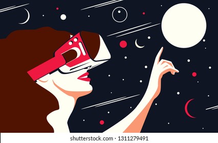 Vector illustration of a woman using virtual reality glasses. The planets and the stars next to her. The concept of modern technology and new experience.