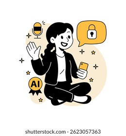 Vector illustration of a woman using a voice-enabled smart AI assistant on her mobile device. Features security lock icon and clean flat cartoon style with tech elements.