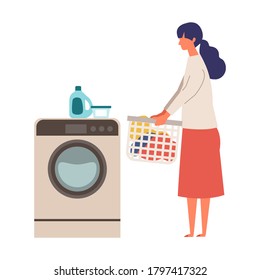 Vector illustration of woman using a washing machine. Woman doing housework. Stay at home concept.