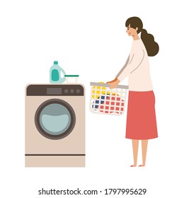 Vector illustration of woman using a washing machine. Woman doing housework. Stay at home concept.