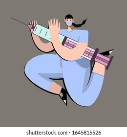 Vector illustration woman with vaccine for coronavirus 2019-nCoV. Coronavirus medical vaccine syringe injection. Treatment. Stop corona virus. Fight corona virus. Defend from corona virus.