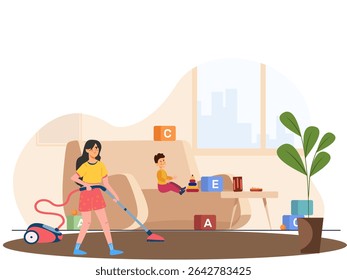 Ilustração vetorial de uma mulher aspirando o chão enquanto uma criança brinca na cama. Descreve um ambiente doméstico movimentado com multitarefas, creches e tarefas domésticas em um ambiente doméstico acolhedor.