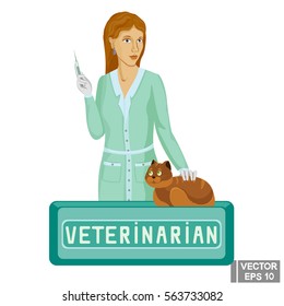 Vector illustration of a woman Veterinarian examining a cat