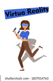 Vector illustration of woman in Virtual Reality headset with move controler.VR helmet.Cartoon realistic people set.Flat young man.