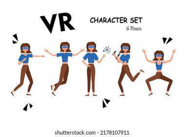 Vector illustration of woman in Virtual Reality headset with move controler.VR helmet.Cartoon realistic people set.Flat young man.