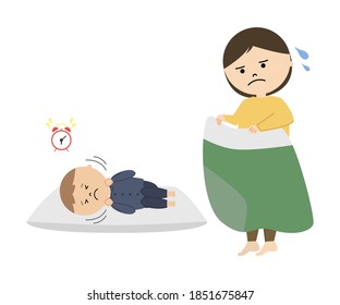 Vector illustration of woman wake boy up