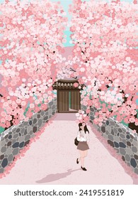 Vector Illustration of a Woman walking Alone on a Tranquil Country Path with Abundant Cherry Blossoms. Designs for Stationery, Cards, Notes, Posters, and Book Covers				
