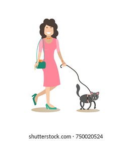 Vector illustration of woman walking with cat using pet leash. Pet owner and her kitten flat style design element, icon isolated on white background.