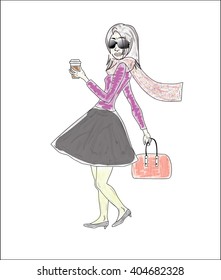 Vector illustration of a woman walking with coffee and bag