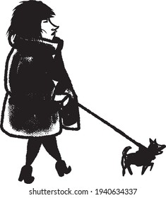 vector illustration of woman walking with a dog on a leash