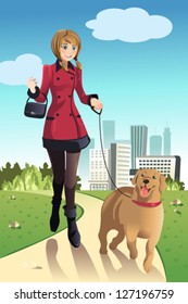 A vector illustration of a woman walking her dog in a park