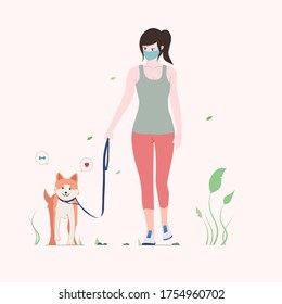 Vector illustration of woman walking her dog wearing mask. illustration of new normal lifestyle. Coronavirus (COVID-19).