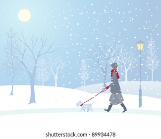 vector illustration of a woman walking her dog in a snow covered park in winter in eps 10 format