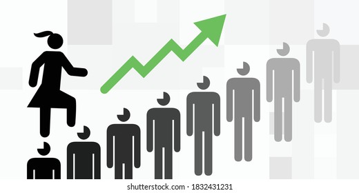 vector illustration of woman walking on other people heads for ambitions and carrier growth concept