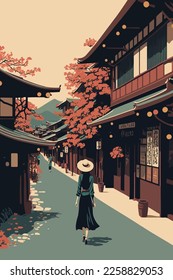 Imagen vectorial de una mujer caminando por las calles de Kyoto, Japón. cartel de impresión de arte mural