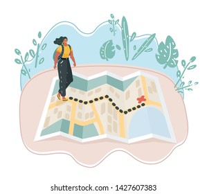 Vector illustration of Woman walking towards unknown places