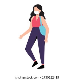 Vector illustration of a woman walking while wearing a mask and carrying a bag. 4000 x 4000 pixel perfect.