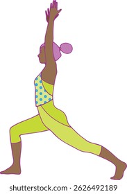 Vector illustration of woman in warrior yoga pose virabhadrasana in hand-drawn flat style