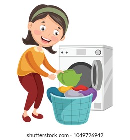 Vector Illustration Of Woman Washing Clothes