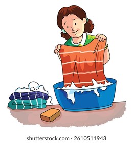 Vector illustration woman washing clothes in bucket