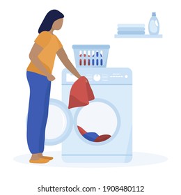 Vector illustration Woman washing dirty clothes Washing machine, laundry basket, laundry detergents Laundry service Household Domestic chores Laundromat tasks Design for website, app, print