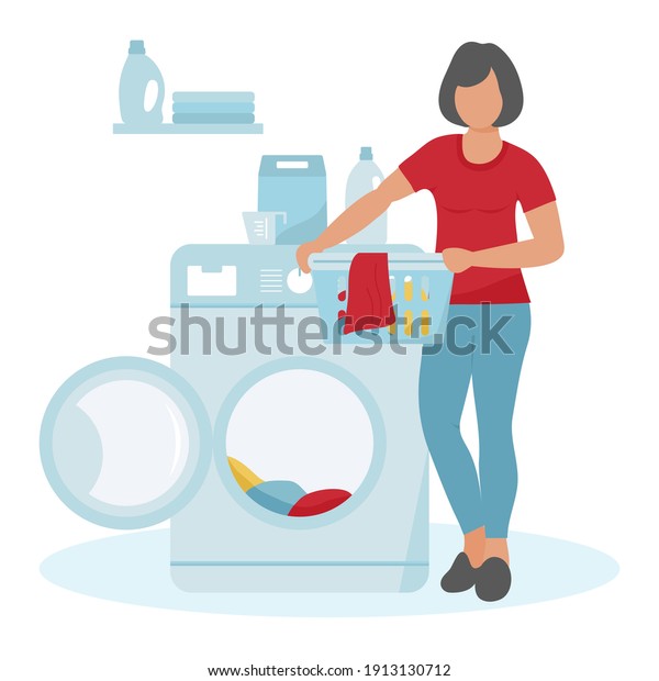 ベクターイラスト汚れた服を洗う女性洗濯機 洗濯かご 洗濯洗剤洗濯サービス家庭内雑用洗濯作業ウェブサイト アプリ 印刷用のデザイン のベクター画像素材 ロイヤリティフリー