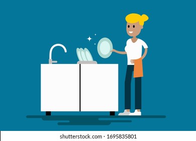 Vector illustration of woman washing dishes cheerfully on dark blue background