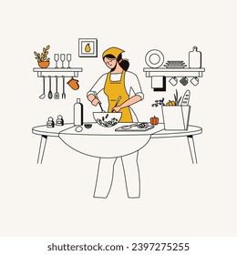 Vector illustration of a woman washing dishes in the kitchen. Housewife in the kitchen.