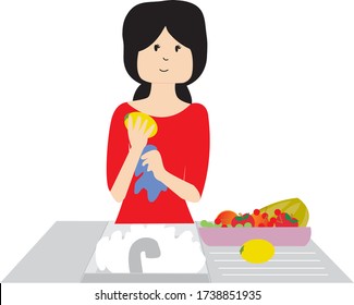 Vector Illustration of Woman Washing Fruits, Vegetables and Food, Online Education Material.