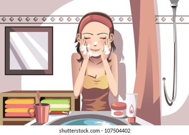 A vector illustration of a woman washing her face in the bathroom
