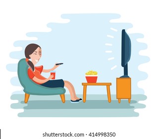 Vector illustration of woman watching television armchair and sitting in chair, drinking  