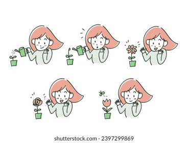 Vector illustration of woman watering and growing flowers. Woman who is happy with the blooming flowers. White background.