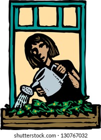 Vector illustration of woman watering plants in the window box