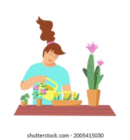Vector illustration of a woman watering plants with love.  Design for logo, card, sticker or other template on ecological subject. 