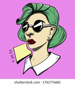 vector illustration of a woman wearing black glasses with a blank space in grunge pop art style