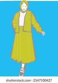 "Vector illustration of a woman wearing casual clothes on a blue background."
"Stylish woman in a jacket and skirt standing on a vibrant backdrop."