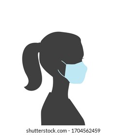 Vector illustration of woman wearing face mask. Woman profile silhouette isolated on white. Medical theme illustration with copy space can be used as a template, element of a poster and other.