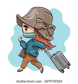 Vector illustration of a woman wearing face mask, dragging luggage trolley. Traveling in the new normal concept. Drawing in kawaii, chibi style.