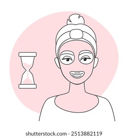Vector illustration of a woman wearing a facial mask with a timer. Skincare routine concept.