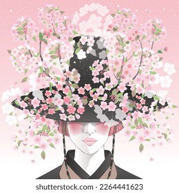 Vector illustration of a woman wearing a Gat, Korea traditional hat decorated with cherry blossom flowers. Design for banner, poster, card, invitation and scrapbook	