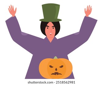 Ilustração vetorial de uma mulher usando um chapéu de topo verde segurando uma abóbora, representando uma fantasia divertida de Halloween, celebrações de festivais e tradições de outono.