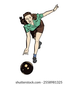 vector illustration of a woman wearing a light blue shirt playing bowling