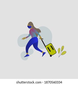 Vector illustration, a woman wearing a mask is running with a suitcase for a vacation, modern flat people character 