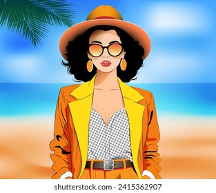 Vector illustration of woman wearing modern fashion clothes resting in summer.